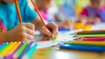 Fototapeta premium Children drawing and doing crafts in kindergarten, seen from close up generative ai