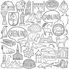 Greenland Doodle Icons Black and White Line Art. Greenlandic Clipart Hand Drawn Symbol Design.
