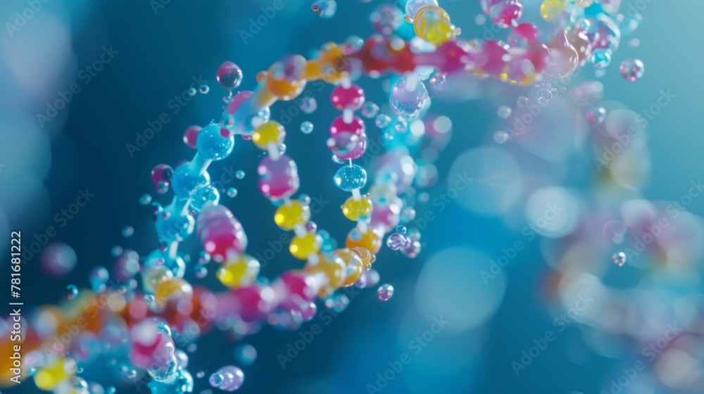 Poster a closeup view of a double helix structure with colorful beads representing the different nucleotide
