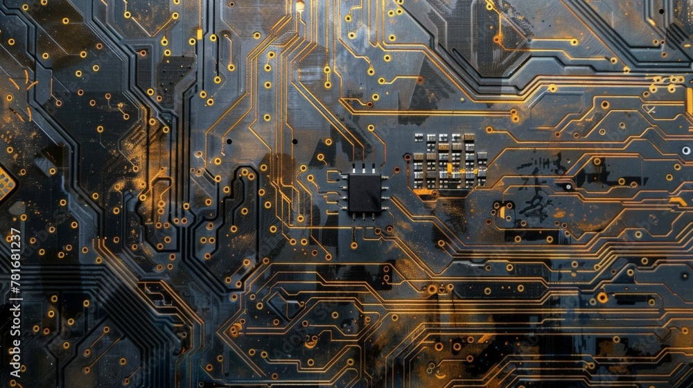 Poster close up of computer circuit board with numerous tiny buttons