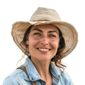 Portrait of a cheerful woman farmer wearing straw hat, isolated on transparent background