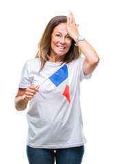 Middle age hispanic woman holding flag of France over isolated background stressed with hand on...