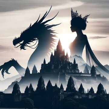 The silhouette of the beautiful Dragon Rider Queen matched the old ancient castle.