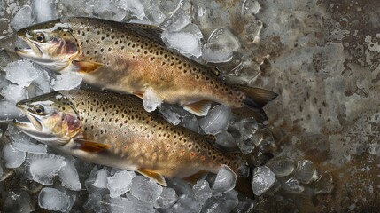 Two brown trouts sit on ice in metal tub