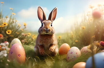 a brown rabbit sitting in the field with eggs, generative ai