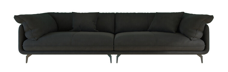 Modern black fabric sofa with pillows isolated on transparent background furniture collection