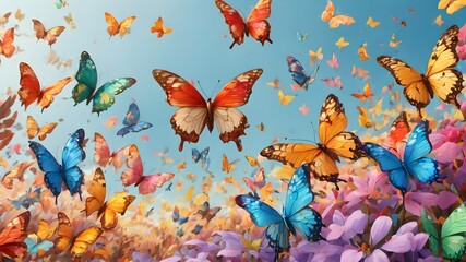 A colorful swarm of butterflies, intricate details and patterns, fluttering together 