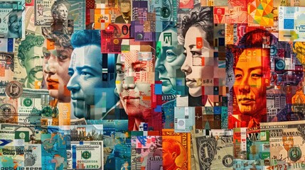 A collage of various currencies from around the world, showcasing diversity and globalization. - obrazy, fototapety, plakaty