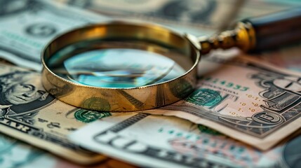 A conceptual image of a magnifying glass examining the intricate details of currency notes.