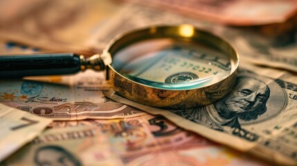A conceptual image of a magnifying glass examining the intricate details of currency notes. - obrazy, fototapety, plakaty