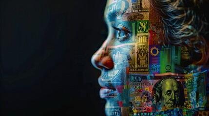A creative composite image of a person's face made up of various currency symbols.