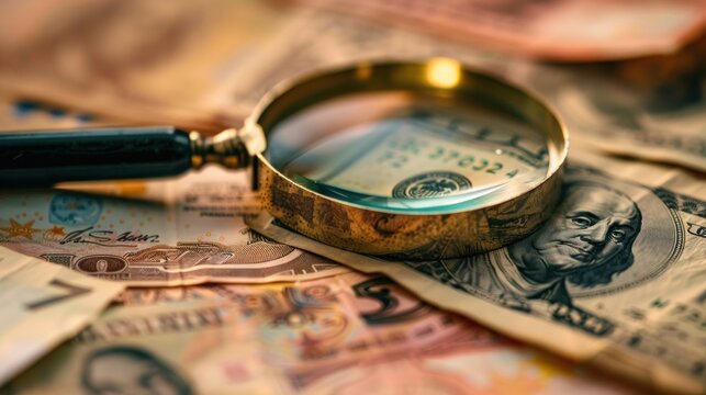 A conceptual image of a magnifying glass examining the intricate details of currency notes.