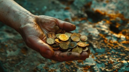 A high-angle shot of a person's hand holding a handful of coins against a textured surface. - obrazy, fototapety, plakaty