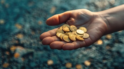 A high-angle shot of a person's hand holding a handful of coins against a textured surface. - obrazy, fototapety, plakaty