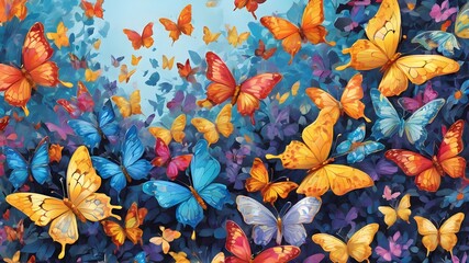 A colorful swarm of butterflies, intricate details and patterns, fluttering together  - obrazy, fototapety, plakaty