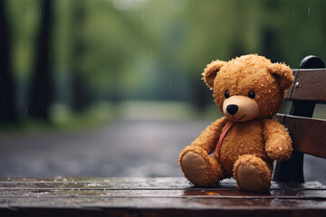 Lonely lost bear on a wooden wet bench in a rainy park. Loneliness concept, International Missing Children's Day.space for text