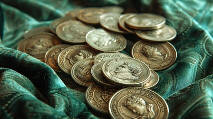 A vintage-style photo of antique coins arranged elegantly on a velvet cloth. - obrazy, fototapety, plakaty