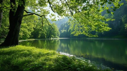 Fototapeta premium Scenic Lake Landscape with Trees and Grass