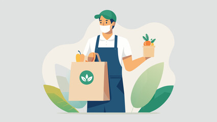 A person holding a bag of groceries with a buy local logo on it promoting the support of local businesses and reducing ones carbon footprint.