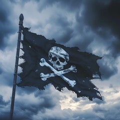 Pirate flag with skull and bones on the flagpole hanging and it waving in  wind, cloudy sky in...