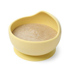 Tasty baby food in bowl isolated on white
