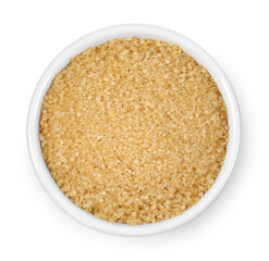 Brown sugar in bowl isolated on white, top view