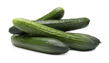 Many long fresh cucumbers isolated on white