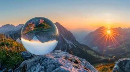 Alpine summer sunrise crystal ball shot in the bush generative ai - obrazy, fototapety, plakaty