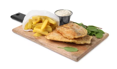 Delicious fish and chips with tasty sauce and mangold isolated on white © New Africa