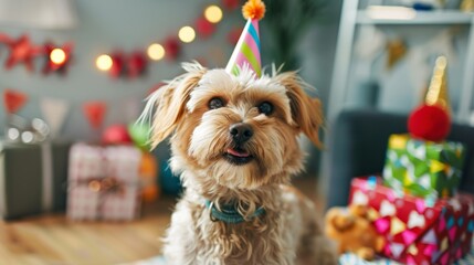 dog with party hat and birthday gifts at home generative ai