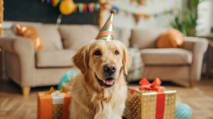 dog with party hat and birthday gifts at home generative ai - obrazy, fototapety, plakaty