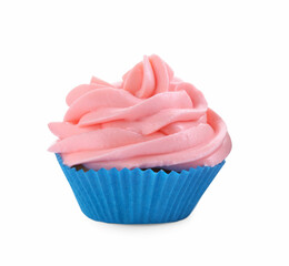 Delicious cupcake with pink cream isolated on white