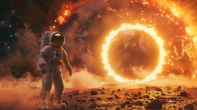 In a captivating 3D render, an astronaut stands upon a foreign planet, gazing in wonder at a spacetime portal emitting ethereal light. 