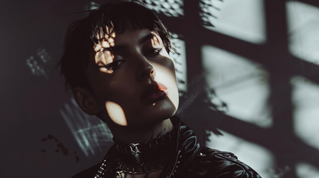 Through the expert use of lighting and shadow this image captures the essence of a nonbinary individual blurring the lines between traditional gender roles. The play between light .