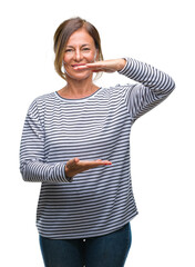 Middle age senior hispanic woman over isolated background gesturing with hands showing big and large size sign, measure symbol. Smiling looking at the camera. Measuring concept.