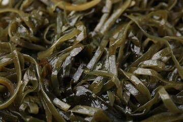 Tasty seaweed salad as background, closeup view