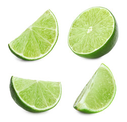 Slices of ripe juicy lime isolated on white, set