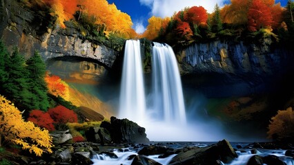 two waterfalls in autumn forest