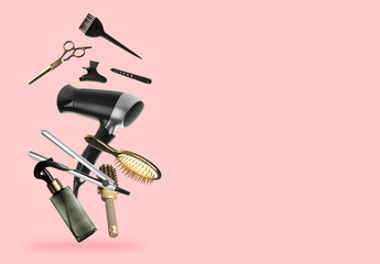 Professional hairdresser tools falling on pink background, space for text