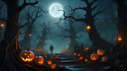 scary Halloween background with pumpkins at the cemetery - obrazy, fototapety, plakaty