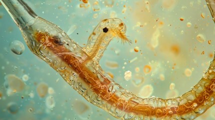 Underneath the microscope a single parasitic worm appears to be crawling through a sample of bodily fluid. - obrazy, fototapety, plakaty