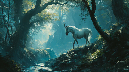 A unicorn creature in a fairytale forest - obrazy, fototapety, plakaty