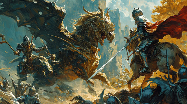 Fototapeta Creative fantasy illustration of knights attacking a dragon