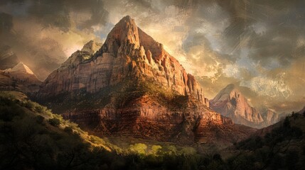 Fototapeta premium Mountain painting under cloudy sky