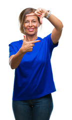 Middle age senior hispanic woman over isolated background smiling making frame with hands and fingers with happy face. Creativity and photography concept.