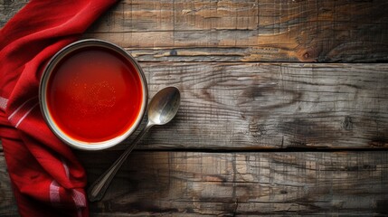 A cup of tea on a red fabric with a spoon