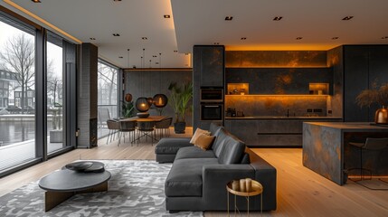 A modern living room with a large black couch and a coffee table
