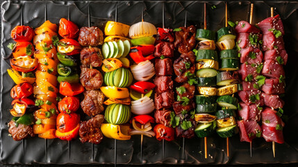 A plate of assorted meats and vegetables, including peppers, tomatoes