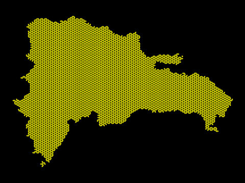 A sketching style of the map Dominican Republic, consisting of yellow triangles. An abstract image for a geographical design template. Image isolated on black background.