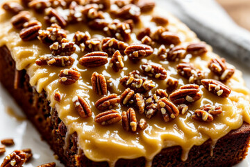 Detailed close-up of banana bread cake with cream cheese frosting garnished with a drizzle of caramel and crushed pecans, focusing on the texture and the sweet garnishes. AI generated.